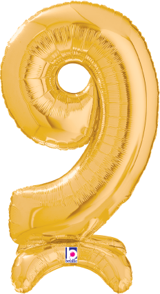 Betallic Number Stand Up 9 Gold 25 inch Air Filled Shaped Foil Balloon packed w/straw 1ct