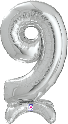Betallic Number Stand Up 9 Silver 25 inch Air Filled Shaped Foil Balloon packed w/straw 1ct