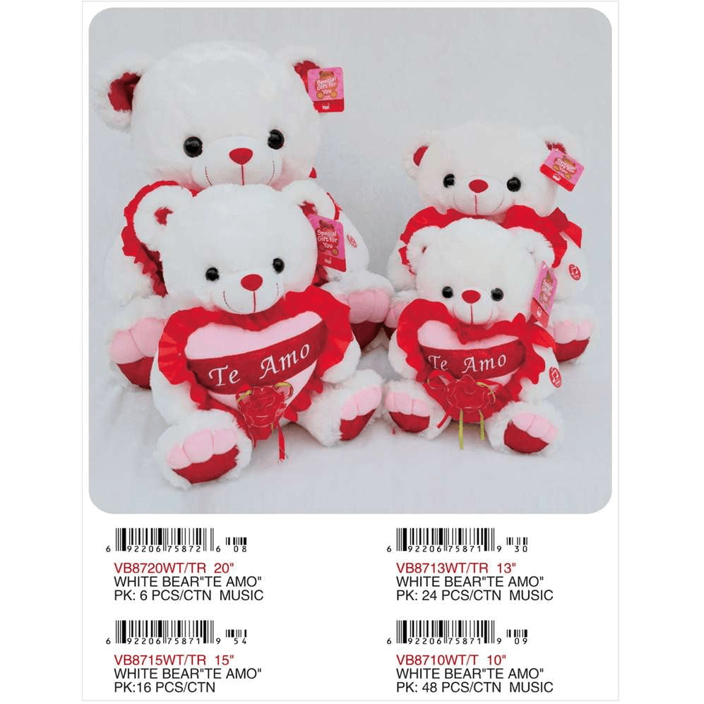 13in White Bear Red Heart TE AMO - Toy World Inc