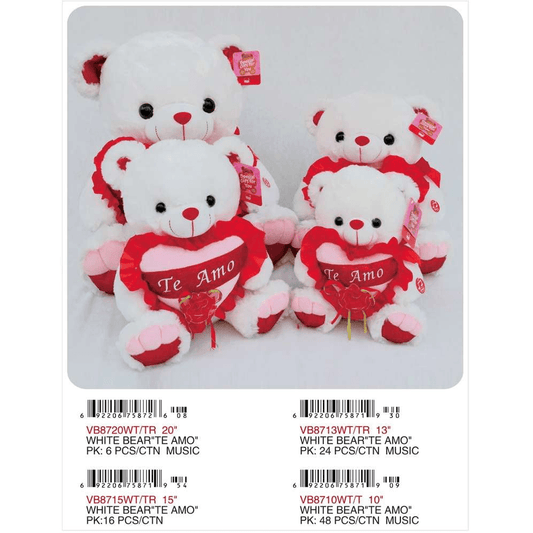 13in White Bear Red Heart TE AMO - Toy World Inc