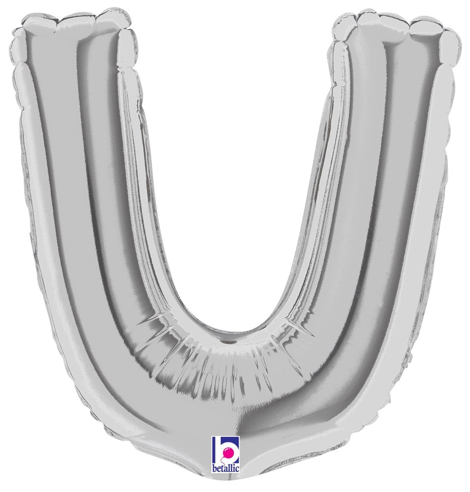 Silver metallic foil balloon shaped like the letter U, air-filled, about 7 inches tall.