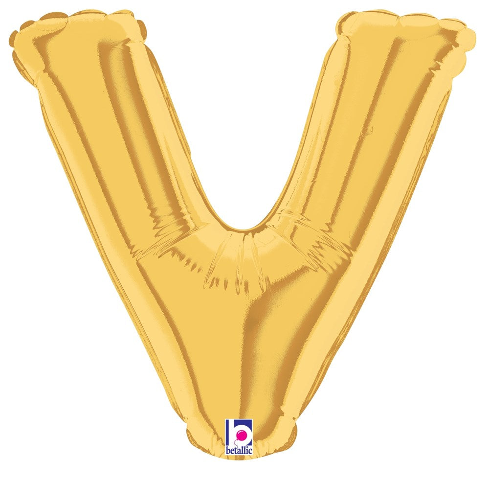 Gold metallic foil balloon shaped like the letter V, air-filled, 7 inches tall.