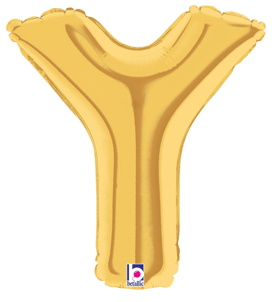 Gold metallic air-filled balloon shaped like the letter Y, 7 inches tall with smooth shiny surface.