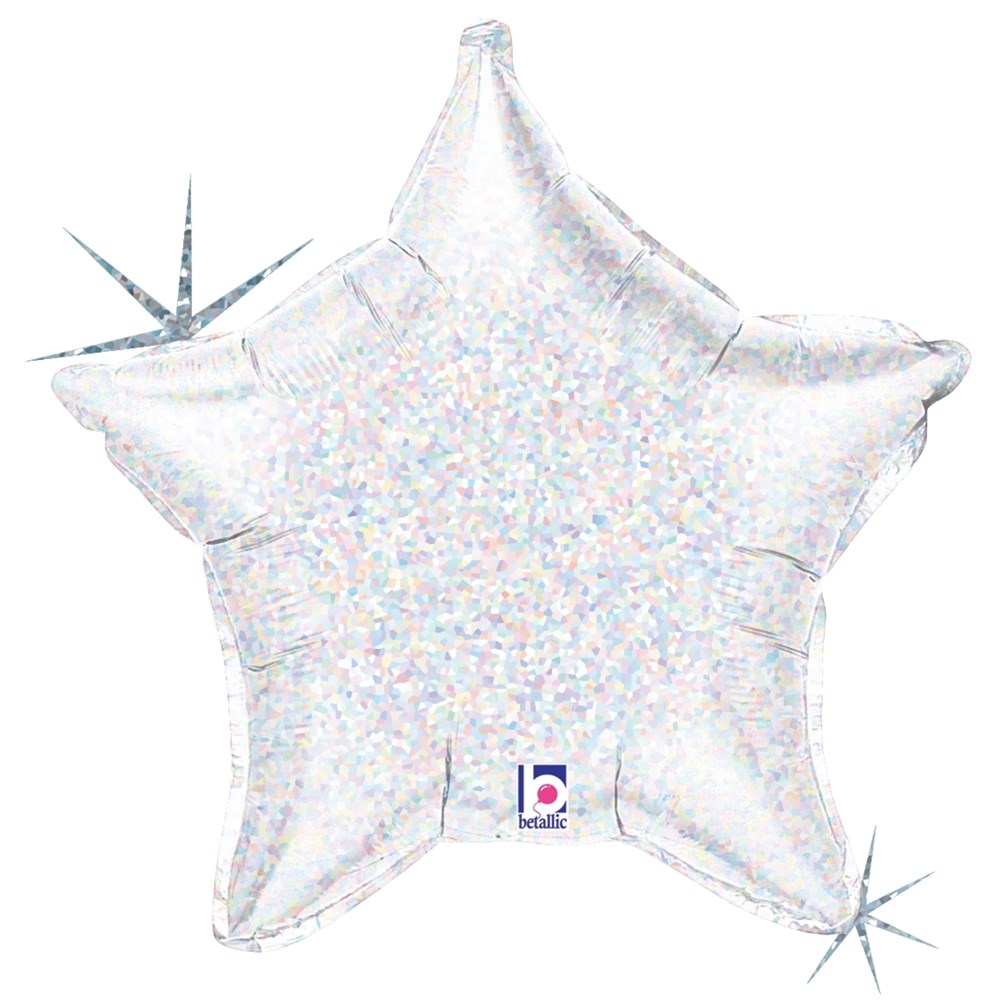 Silver holographic 21-inch star-shaped foil balloon with iridescent shimmer and pointed edges.