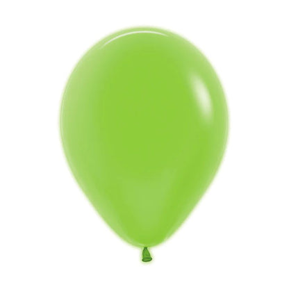 Neon green 9-inch latex balloon with smooth, shiny surface and tied end.