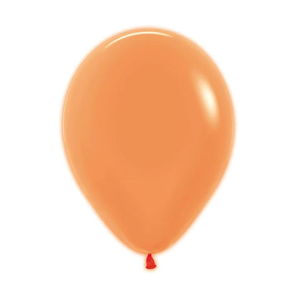 Bright neon orange latex balloon inflated to an oval shape with tied red neck.
