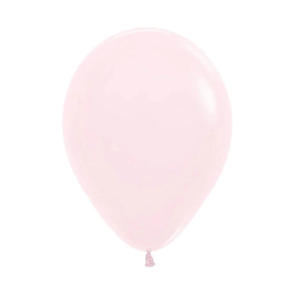 Matte pastel pink latex balloon, 18-inch round shape, smooth surface, tied end.