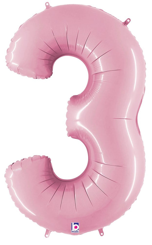 Betallic Number 3 Pastel Pink 34 inch Shaped Foil Balloon Polybagged 1ct