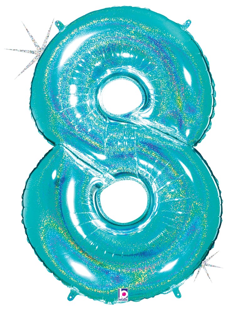 Betallic Number 8 Glitter Robin's Egg Blue 34 inch Holographic Shaped Foil Balloon Polybagged 1ct