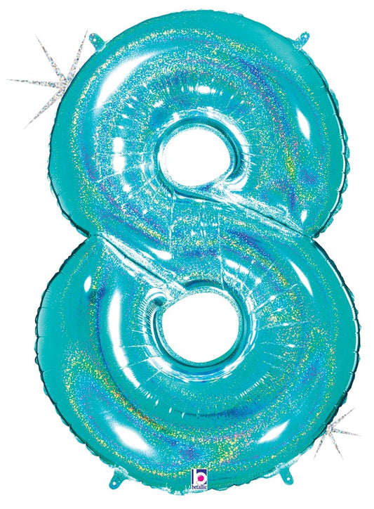 Betallic Number 8 Glitter Robin's Egg Blue 34 inch Holographic Shaped Foil Balloon Polybagged 1ct