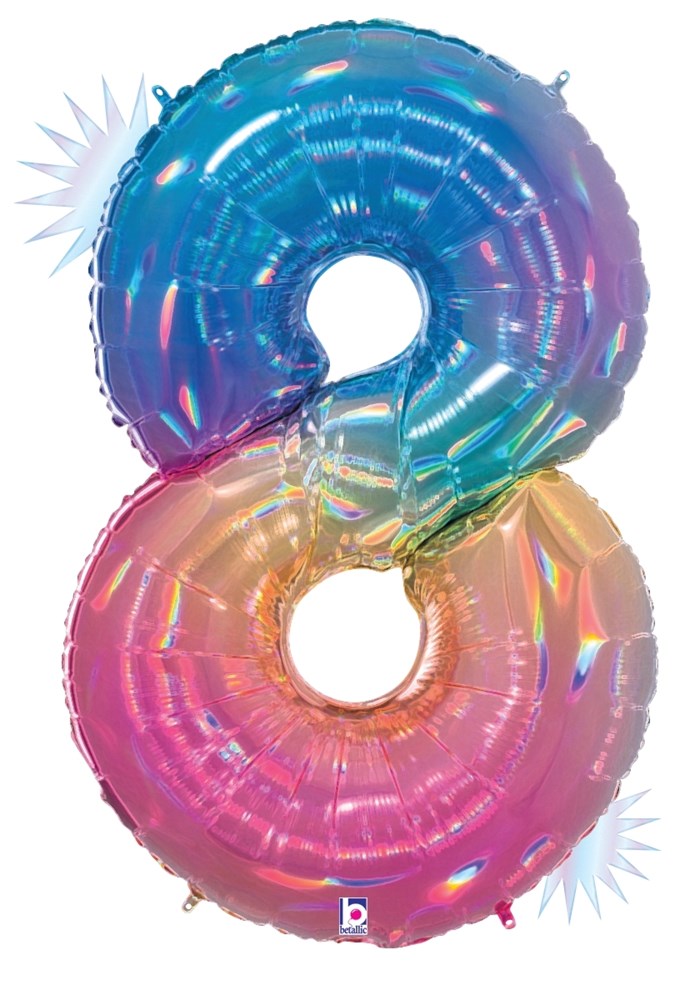 Betallic Number 8 Opal Rainbow 34 inch Holographic Shaped Foil Balloon Polybagged 1ct