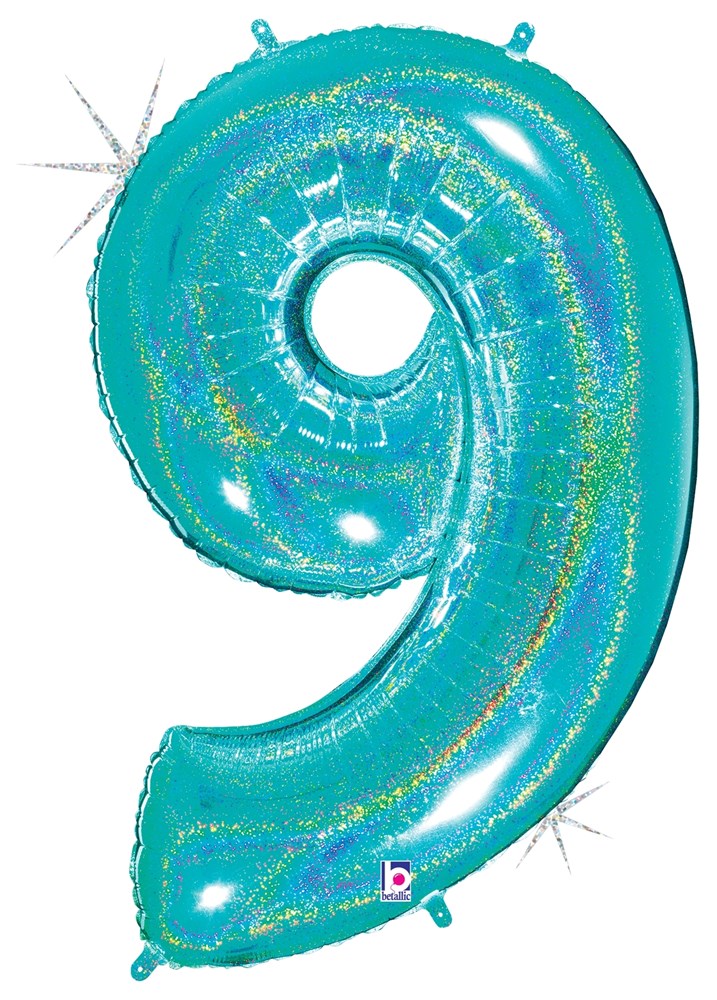 Betallic Number 9 Glitter Robin's Egg Blue 34 inch Holographic Shaped Foil Balloon Polybagged 1ct