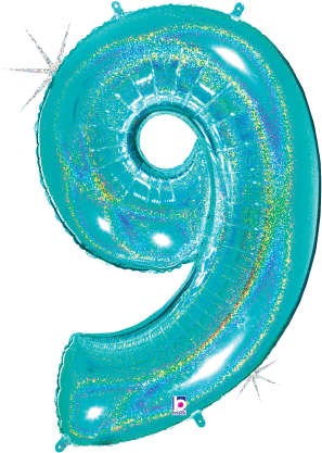 Betallic Number 9 Glitter Robin's Egg Blue 34 inch Holographic Shaped Foil Balloon Packaged 1ct