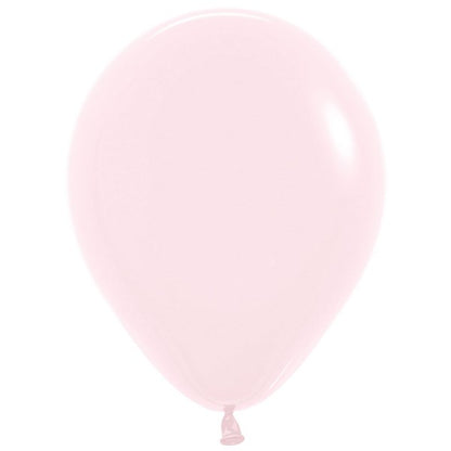 Matte pastel pink 5-inch round latex balloon with smooth surface and tied end.