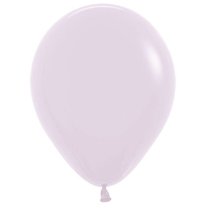 Matte lilac latex balloon inflated to 12 inches with rounded shape and tied end.