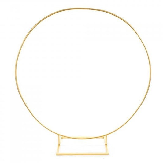 Gold metal arch circle stand with round tubes and square base, 84 inches tall.