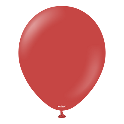 Deep red 18-inch round latex balloon with a smooth, glossy surface and tied end.