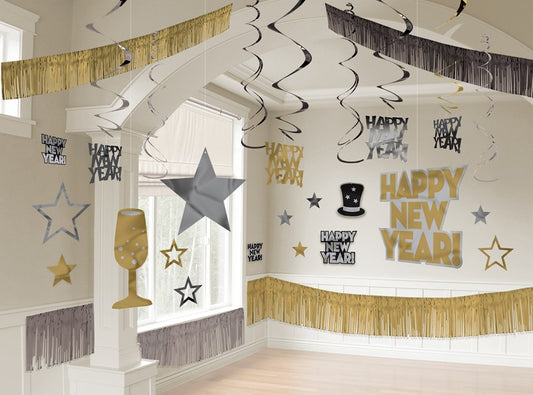 Kit de decoración de habitaciones de Año Nuevo, negro, plateado y dorado, 28 quilates