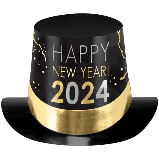 2024 Happy New Years Foil Top Hat Black Gold and Silver