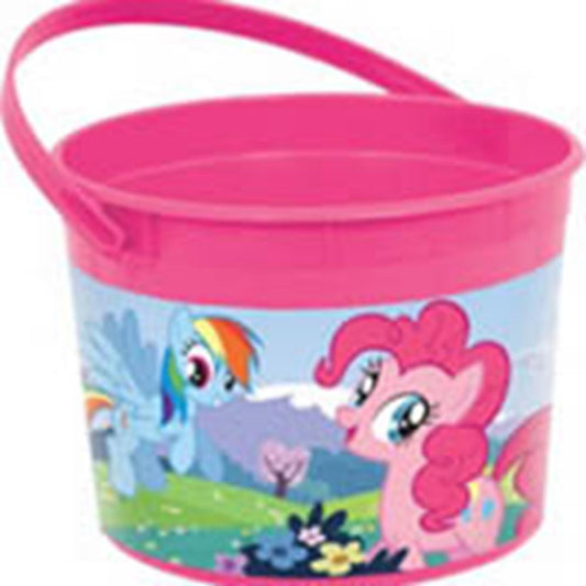 Pink plastic bucket with handle featuring colorful My Little Pony characters on a blue background.