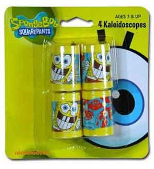 Set of four mini kaleidoscopes featuring colorful SpongeBob SquarePants designs in yellow, blue, and red packaging.