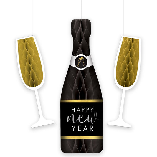 Black honeycomb paper champagne bottle with gold "Happy New Year" label, flanked by two gold honeycomb champagne flutes.
