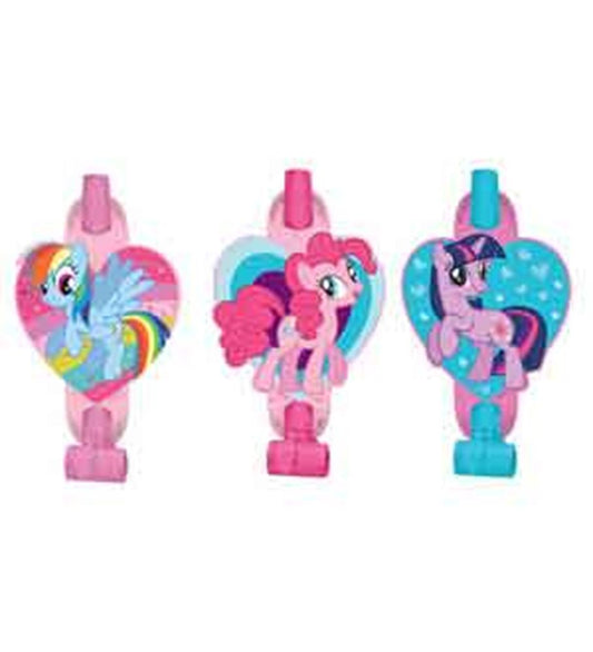 Three My Little Pony-themed heart-shaped party blowouts in blue, pink, and purple featuring characters Rainbow Dash, Pinkie.