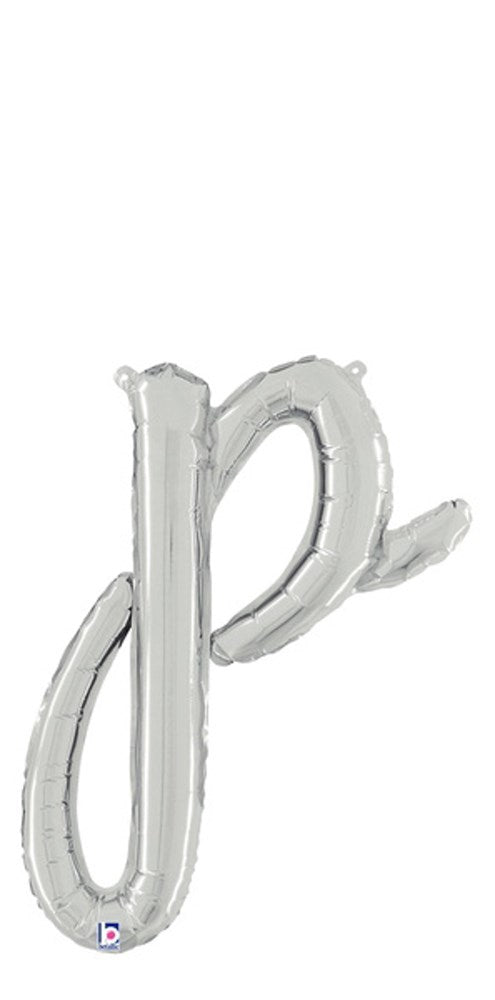 Betallic Script Letter "p" Silver 20 inch Air Filled Shaped Foil Balloon packed w/straw 1ct