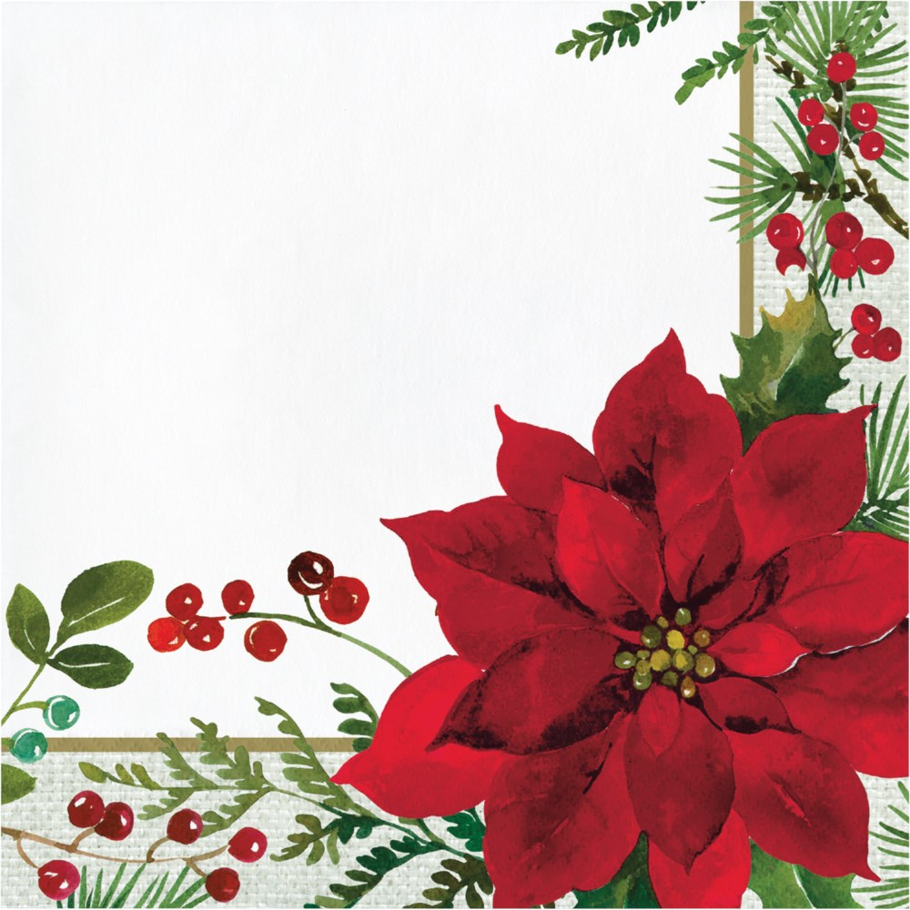 White luncheon napkin with a large red poinsettia and green holly with red berries on one corner.