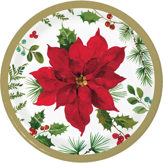 Round white luncheon plate with gold rim, featuring a large red poinsettia and green holly leaves with red berries design.