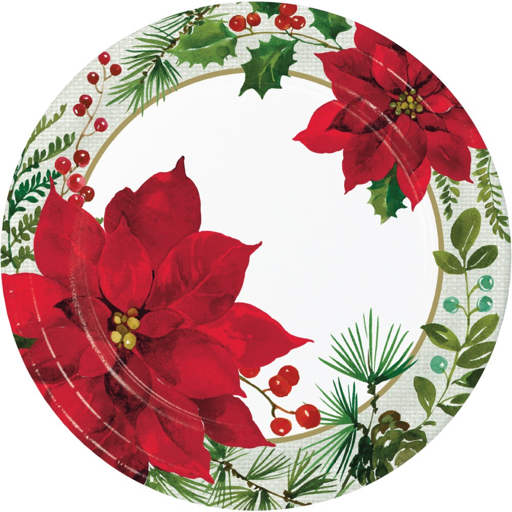 Round white dinner plate with red poinsettias, green pine branches, holly leaves, and red berries around the edge.