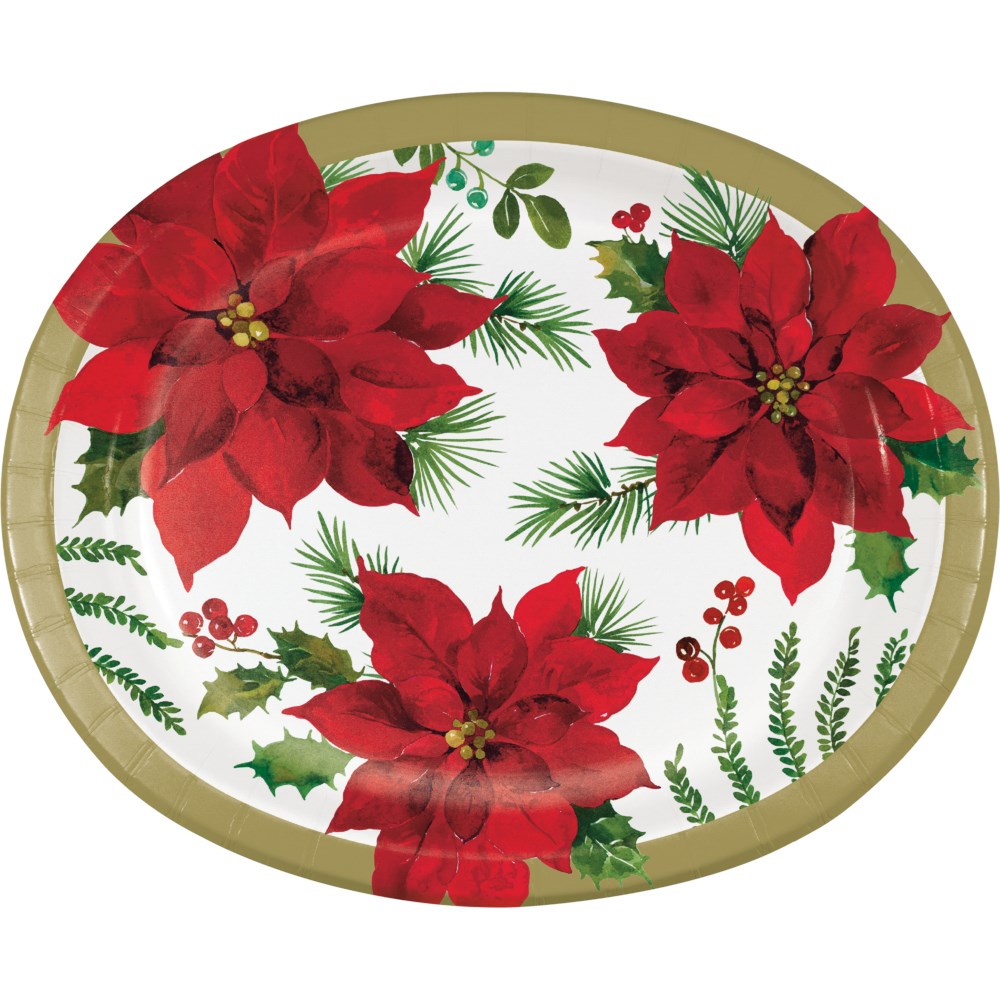 Oval platter with gold rim featuring vibrant red poinsettias and green holiday foliage on white background.