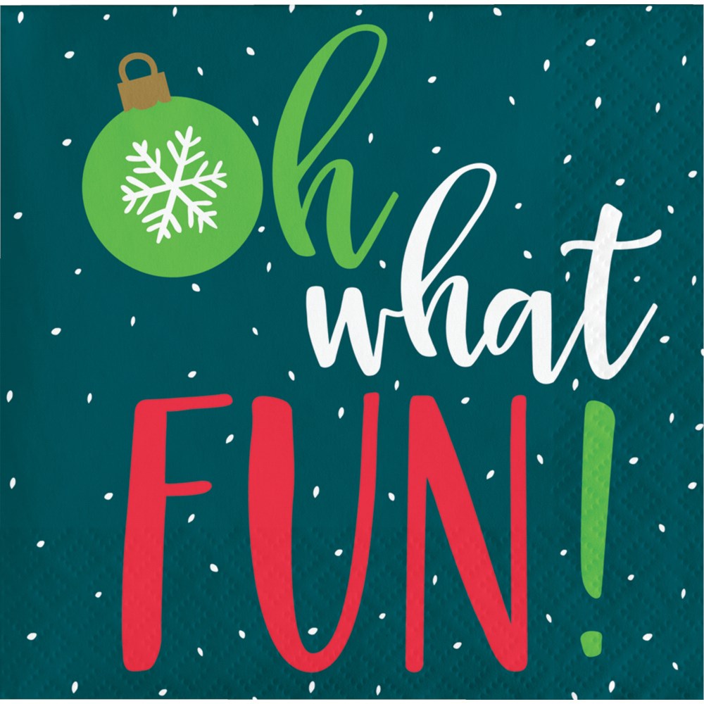 Dark green holiday napkin with white snowflakes, a green ornament, and colorful "oh what FUN!" text.