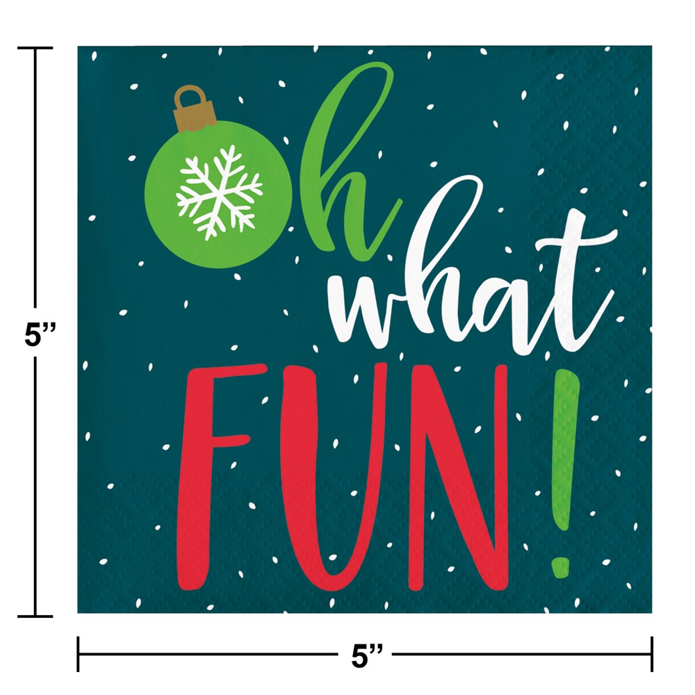 Square dark green beverage napkin with white snowflakes, green ornament, and red and white text reading Oh What Fun!