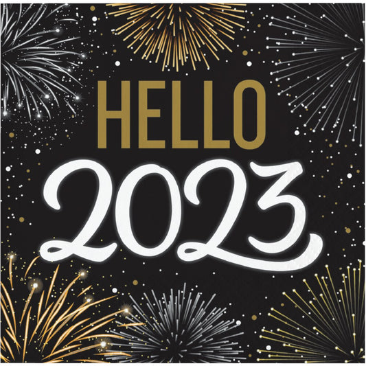 Black beverage napkin with gold and white fireworks and "HELLO 2023" in gold and white lettering.