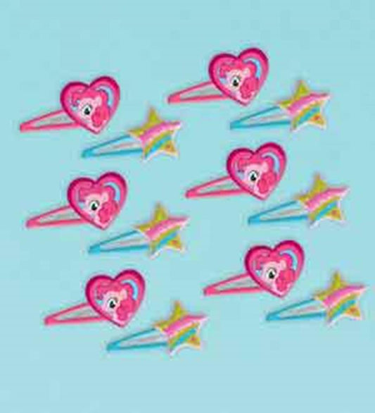 Set of colorful hair clips featuring pink hearts with cartoon pony faces and pastel rainbow stars.