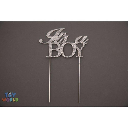 4.75inW x 3in Rhinestone Cake Topper inItS A Boyin - Silver - Toy World Inc