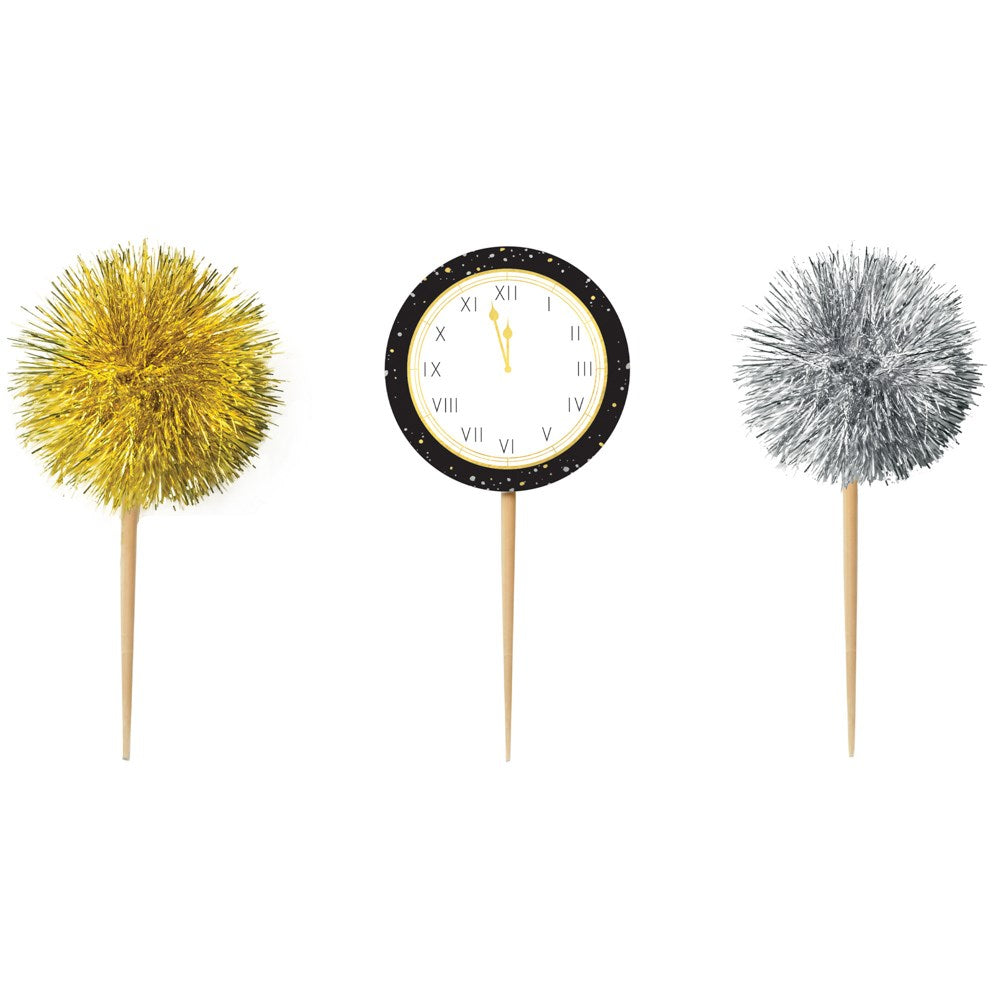 Gold and silver metallic tinsel pom-poms and a clock face with Roman numerals on wooden picks, 16 count set.