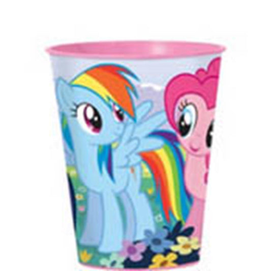 16oz plastic cup with blue and pink My Little Pony characters, rainbow accents, and floral base.
