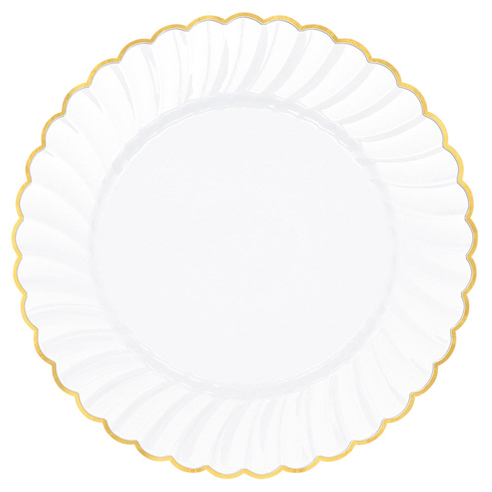 Plato festoneado blanco de plástico de primera calidad, ribete dorado de 7,5 pulgadas