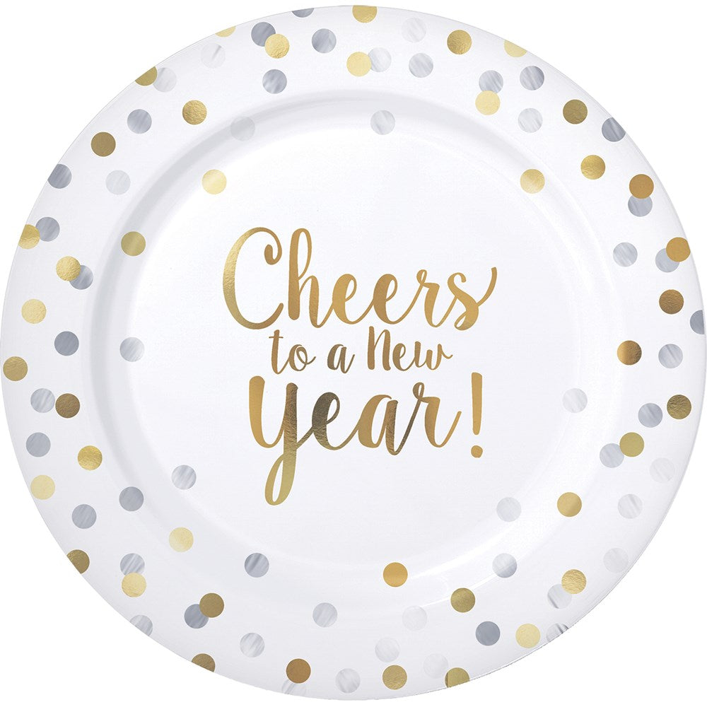 White New Years Premium Plates Hot-Stamped Plastic 10.25in 10ct