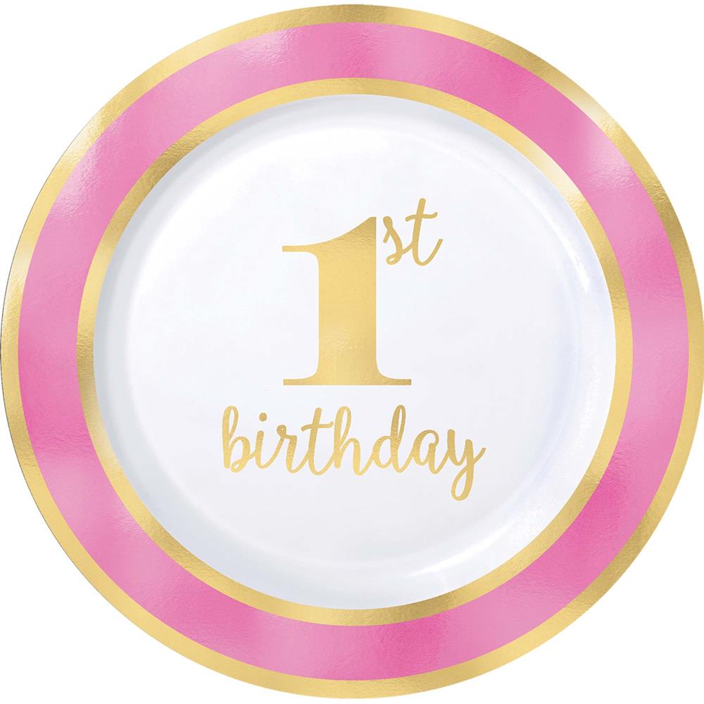 Gold 1st Birthday Plate 10.25in 10ct Pink Border