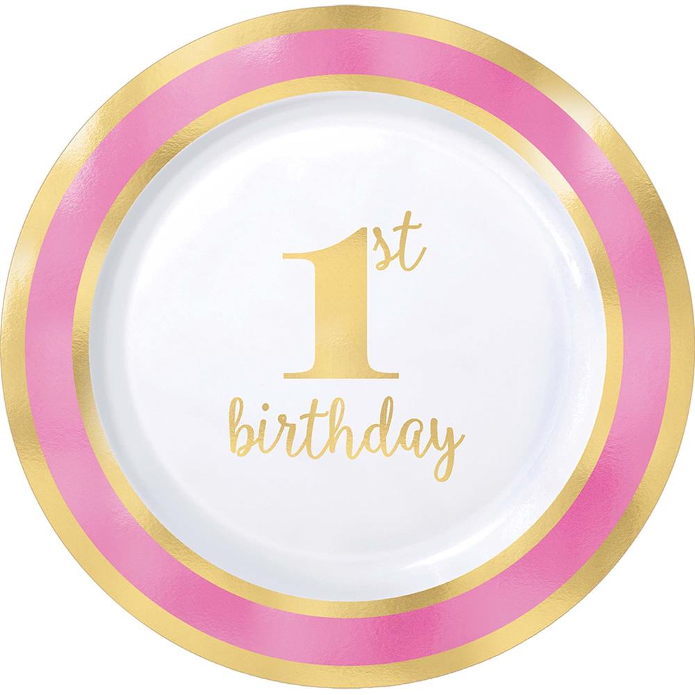 Gold 1st Birthday Plate 7in 10ct Pink Border