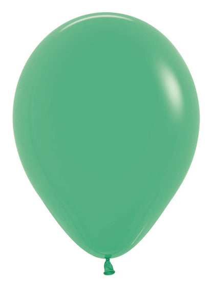 Single 5-inch green latex balloon inflated with a tied end visible at the bottom.