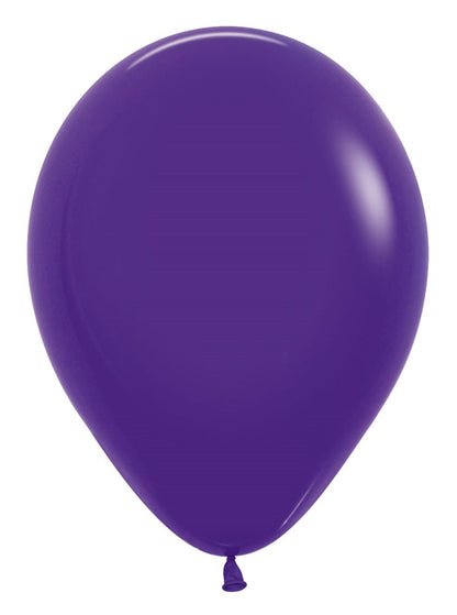 Glossy violet latex balloon, 5-inch round shape, uninflated with tied end.