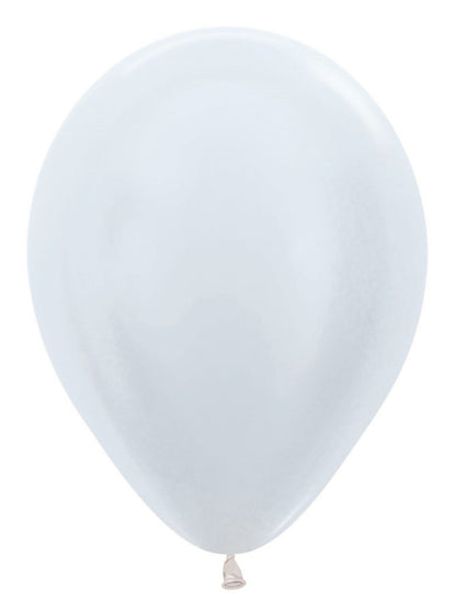 Pearl white 5-inch round latex balloon with a glossy finish and tied end.