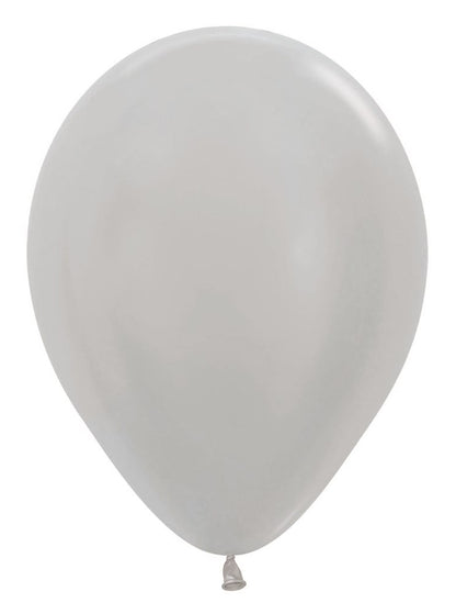 5-inch metallic silver latex balloon, round shape, smooth shiny surface, tied end.