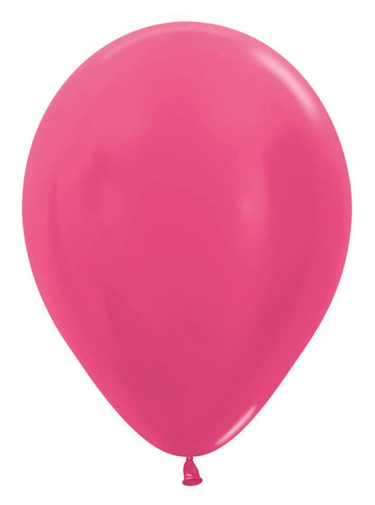 Shiny metallic fuchsia 5-inch latex balloon with smooth surface and teardrop shape.