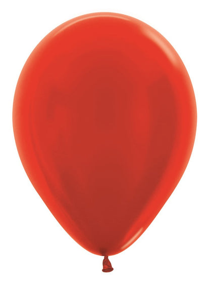 Shiny metallic red 5-inch latex balloon with a tied end, smooth surface.
