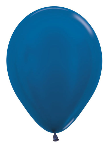 Glossy metallic blue 5-inch latex balloon with a rounded teardrop shape and tied neck.